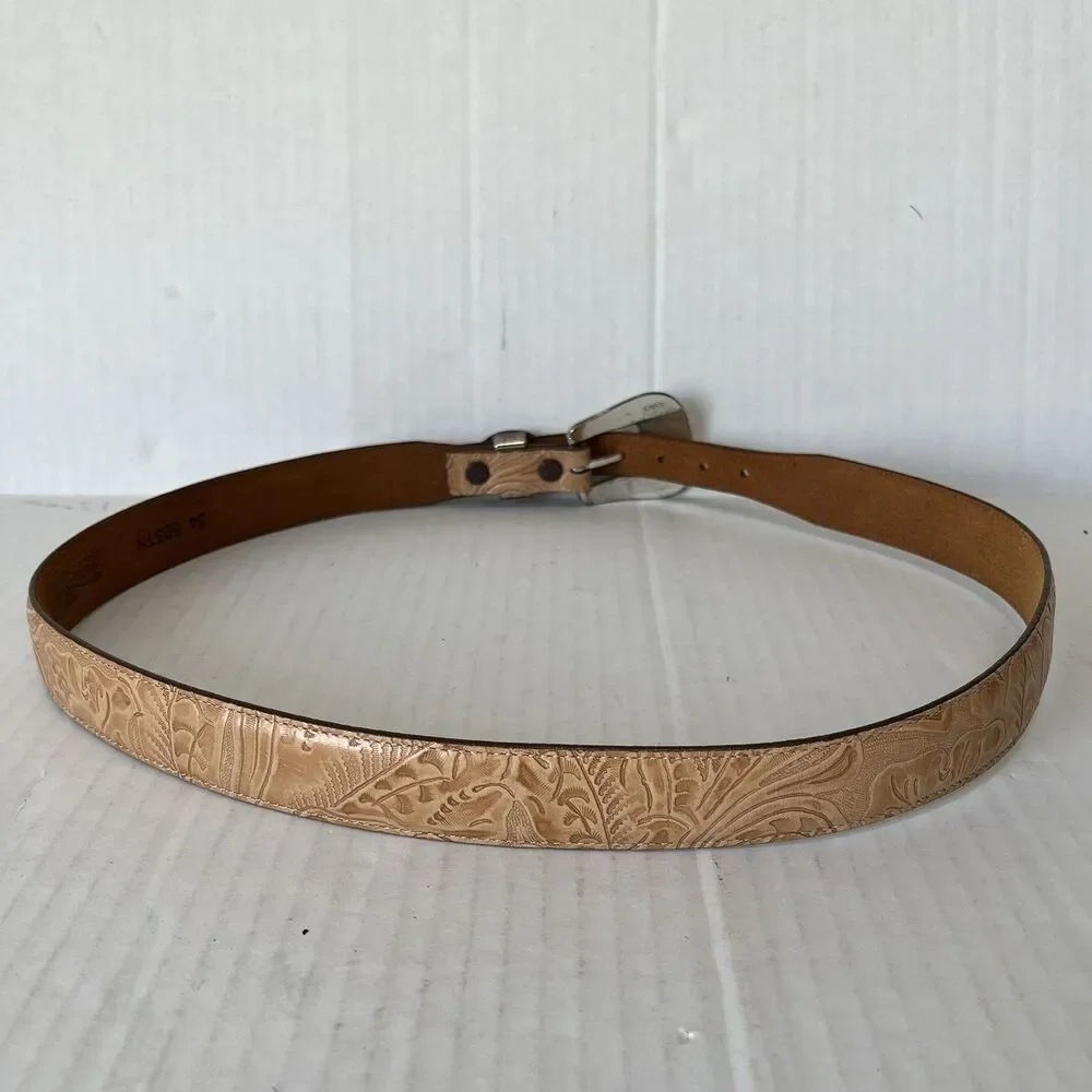 VTG 90s JUSTIN Top Grain Cowhide Leather Belt Tooled Floral Western Cowboy USA